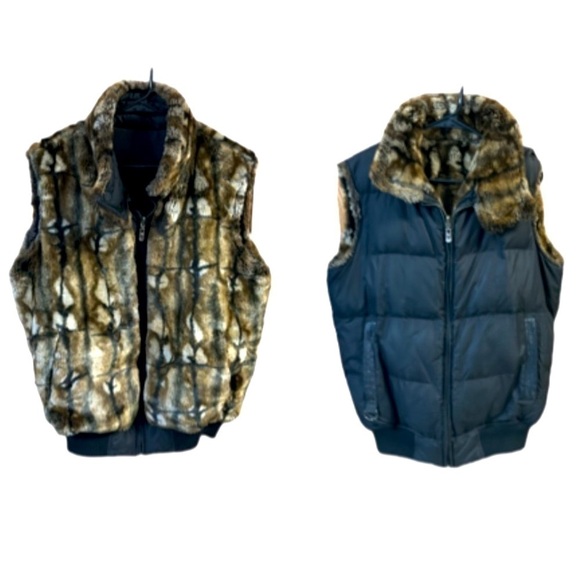 Sean John vest Y2K Faux Fur Reversible full front zip black brown tan Medium - Picture 4 of 16